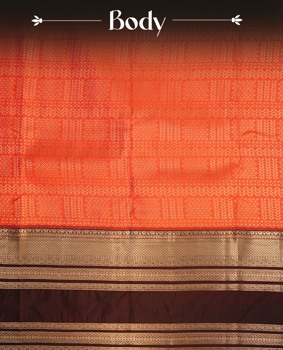 Orange colour semi wedding saree featuring gold zari Pattern on body, contrast chocolate colour with traditional border, paired with matching blouse piece.