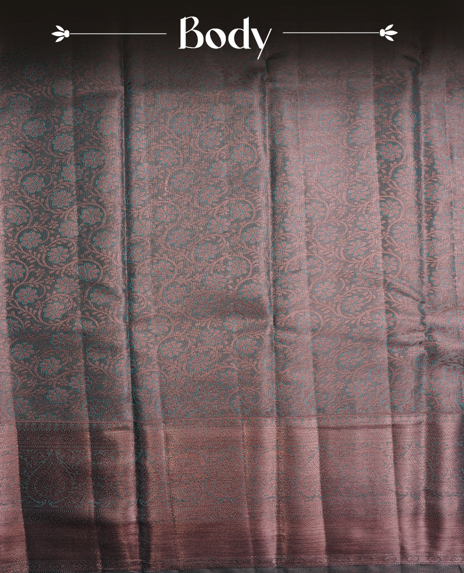 Aqua & copper double shade colour semi tissue silk saree featuring copper zari floral kodi pattern on body, self colour with copper traditional border, paired with matching blouse piece.