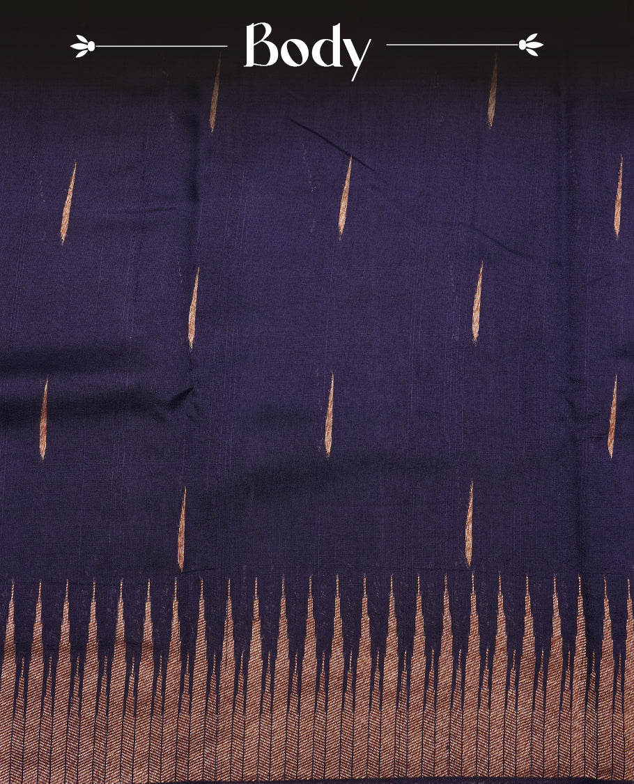 Purple colour semi banaras tussar georgette saree featuring antique gold zari buttas on body, temple pattern on border and floral pattern on pallu, paired with matching blouse piece.