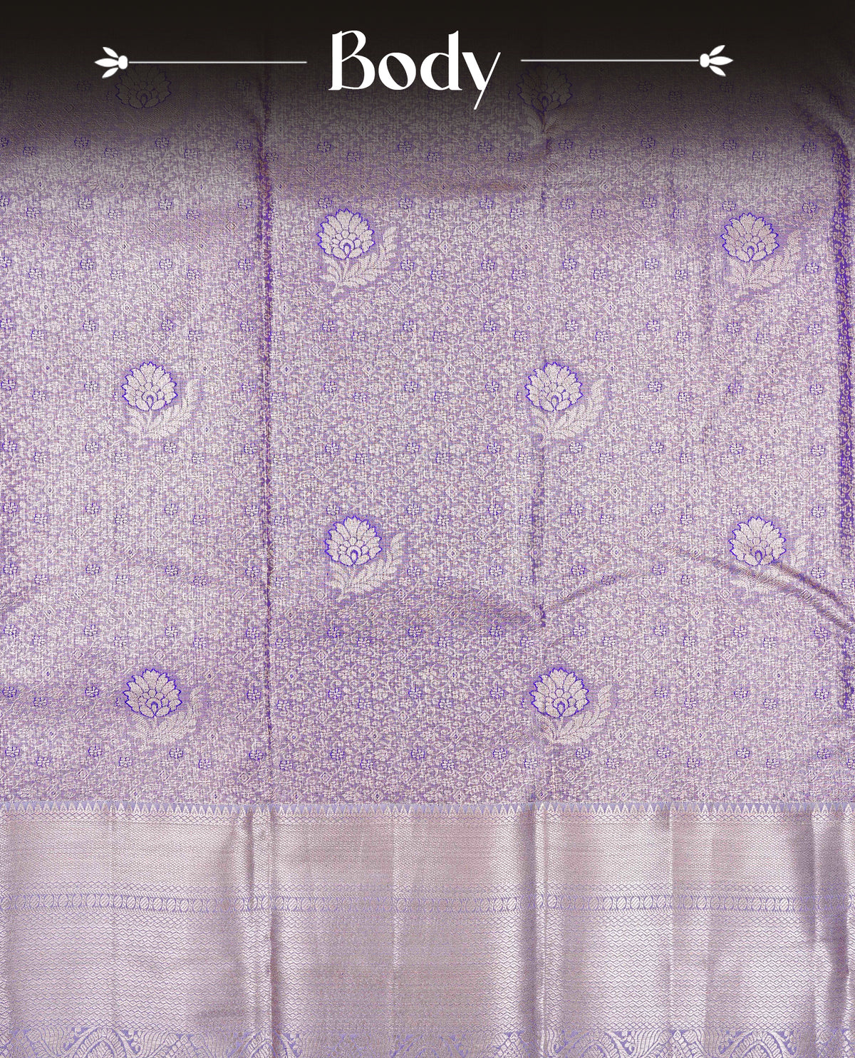Violet & Gold Double shade Semi Tissue Silk saree featuring Light gold Kodi pattern on body, complemented by Contrast Lavender with gold zari border, paired with matching blouse piece.