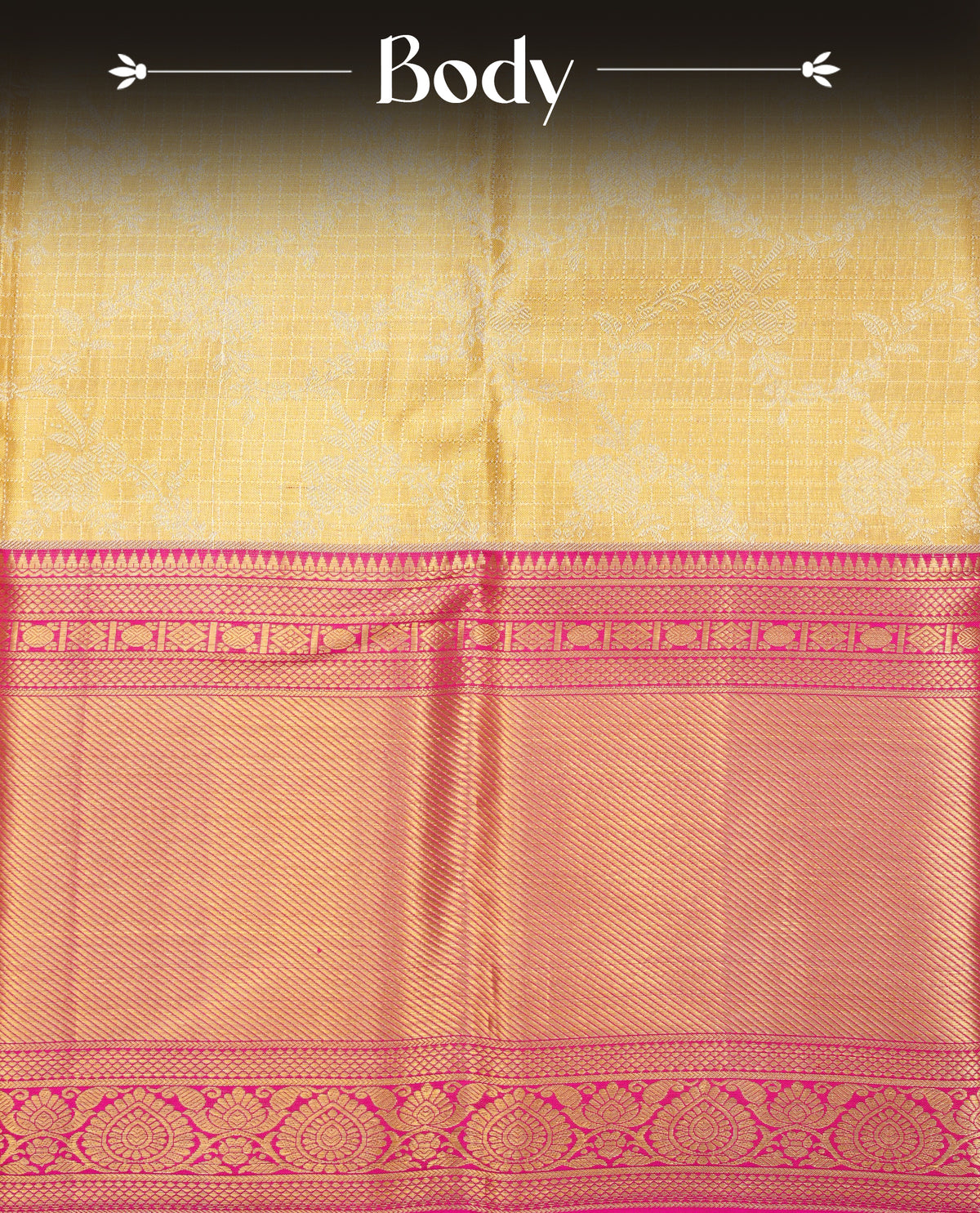 Light Gold colour pure tissue silk saree featuring Gold zari Checks with Floral motifs on body, Complemented by magenta colour traditional border, comes with matching blouse piece.