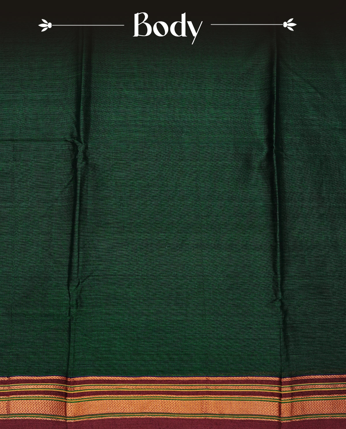 Bottle green colour Narayanapattu cotton saree with a plain body, complemented by a Maroon colour with elegant gold zari detailing border & contrast striped pallu, paired with a matching blouse piece.