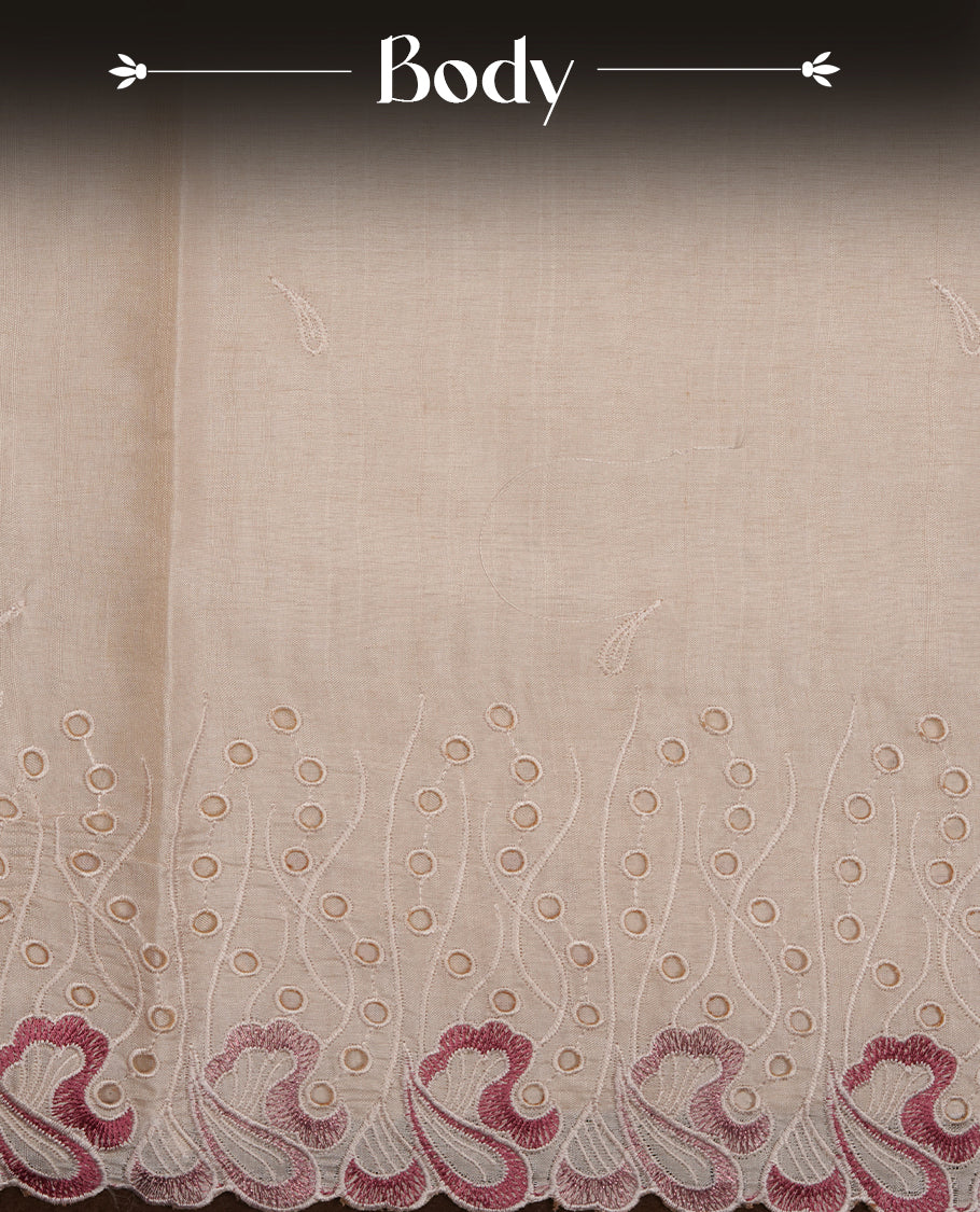 Beige colour Tussar silk saree featuring Elegant plain body, highlighting Mauve colour thread worked scalp border, pallu and paired with matching blouse piece.