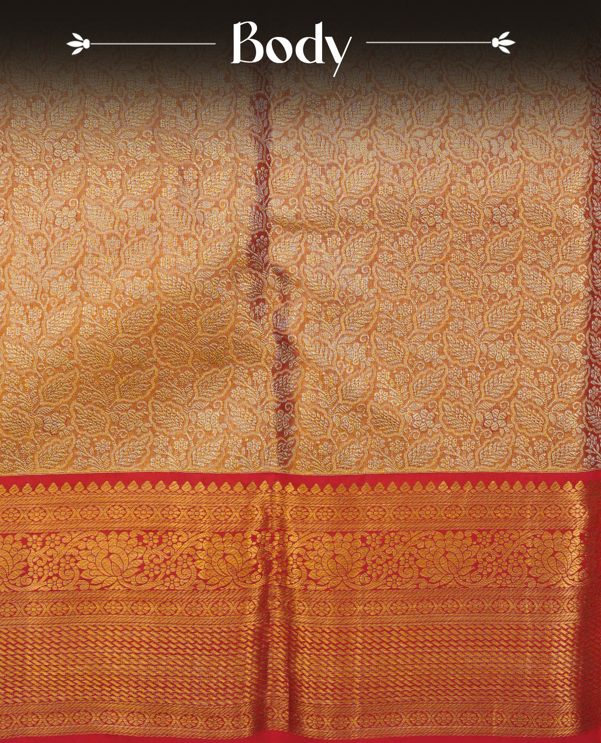 Light Red & Gold Double shade pure tissue silk saree featuring Gold Zari Leaf Patten on body, complemented by contrast Red colour Traditional border, comes with matching blouse piece.