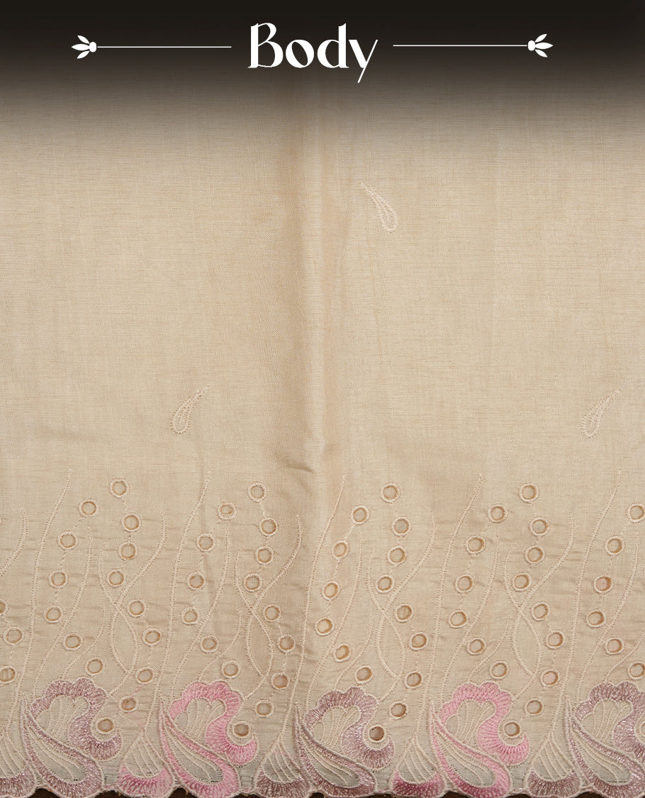 Beige colour Tussar silk saree featuring Elegant plain body, highlighting pink colour thread worked scalp border, pallu and paired with matching blouse piece.