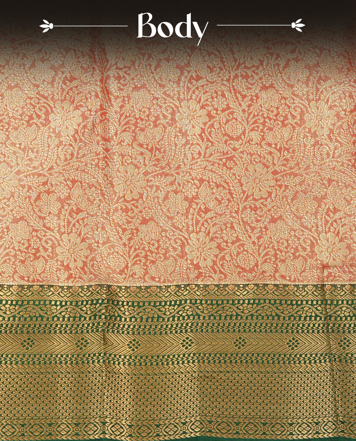Red colour Semi Tissue Silk Saree featuring gold zari floral kodi Works on the body, complemented by an intricately woven gold zari pallu, a rich Green border with gold zari work and paired with a matching plain blouse piece.