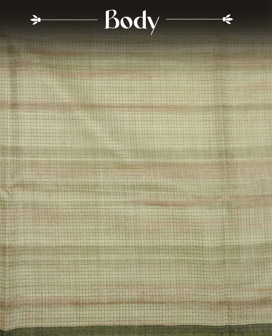 Green colour semi tussar silk saree featuring floral print and zari check across body, contrast dark green colour border and pallu, paired with matching blouse piece.