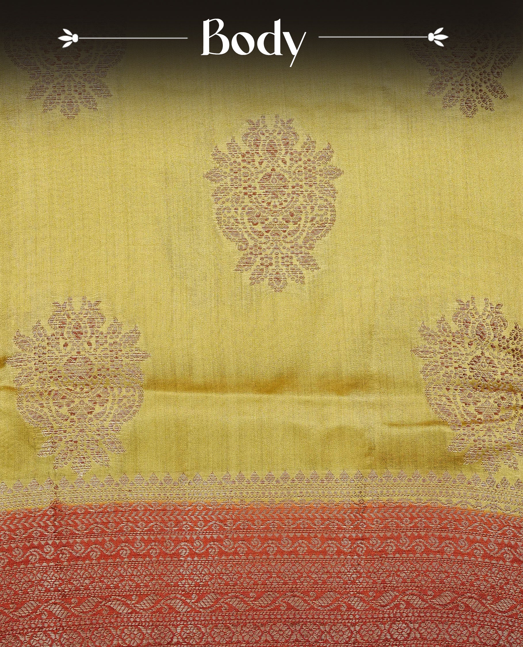 Mustard Colour Tussar Silk saree with elegant antique zari floral motifs On Body, a contrasting Brick red zari border, a rich zari pallu, Paired With a matching blouse piece.