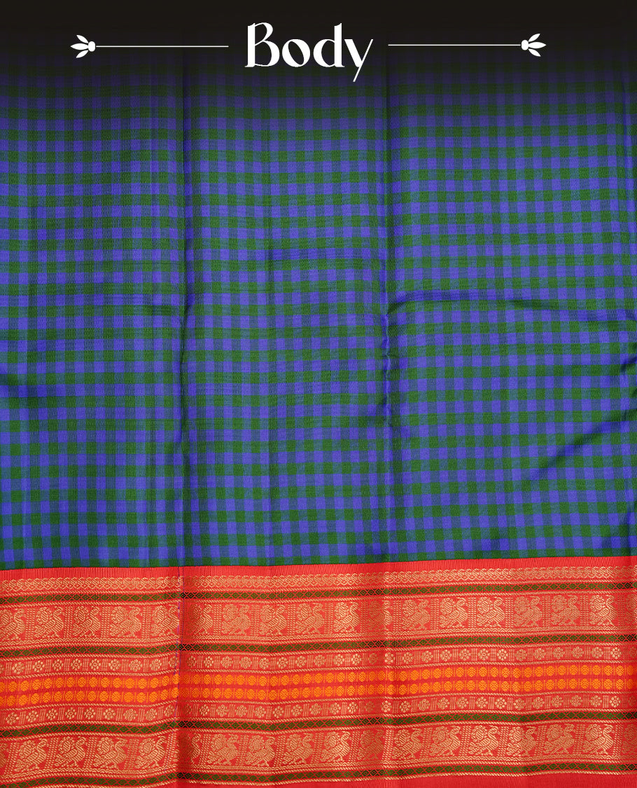 Indigo & green colour traditional kancheepuram silk saree featuring gold zari check pattern on body, complemented by contrast red colour with gold zari traditional border, paired with matching blouse piece.