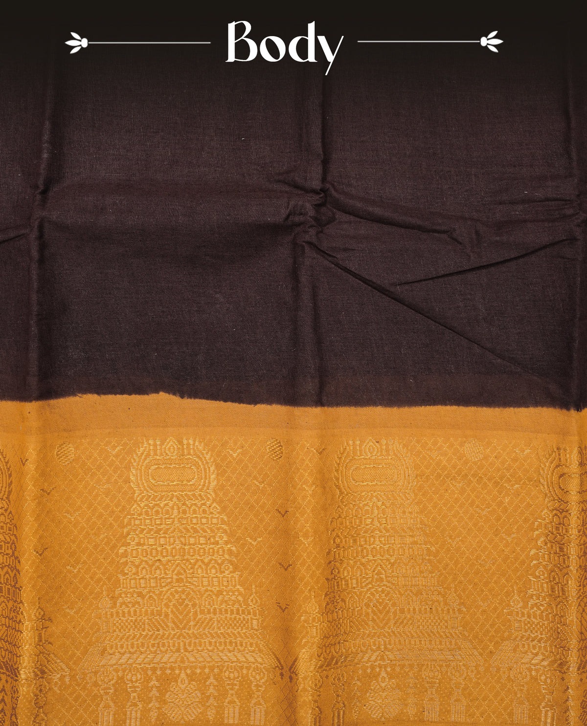 Dark Brown colour Sungudi cotton saree with a plain body, a contrast Mustard with temple zari border & pallu ,paired with a matching blouse piece.