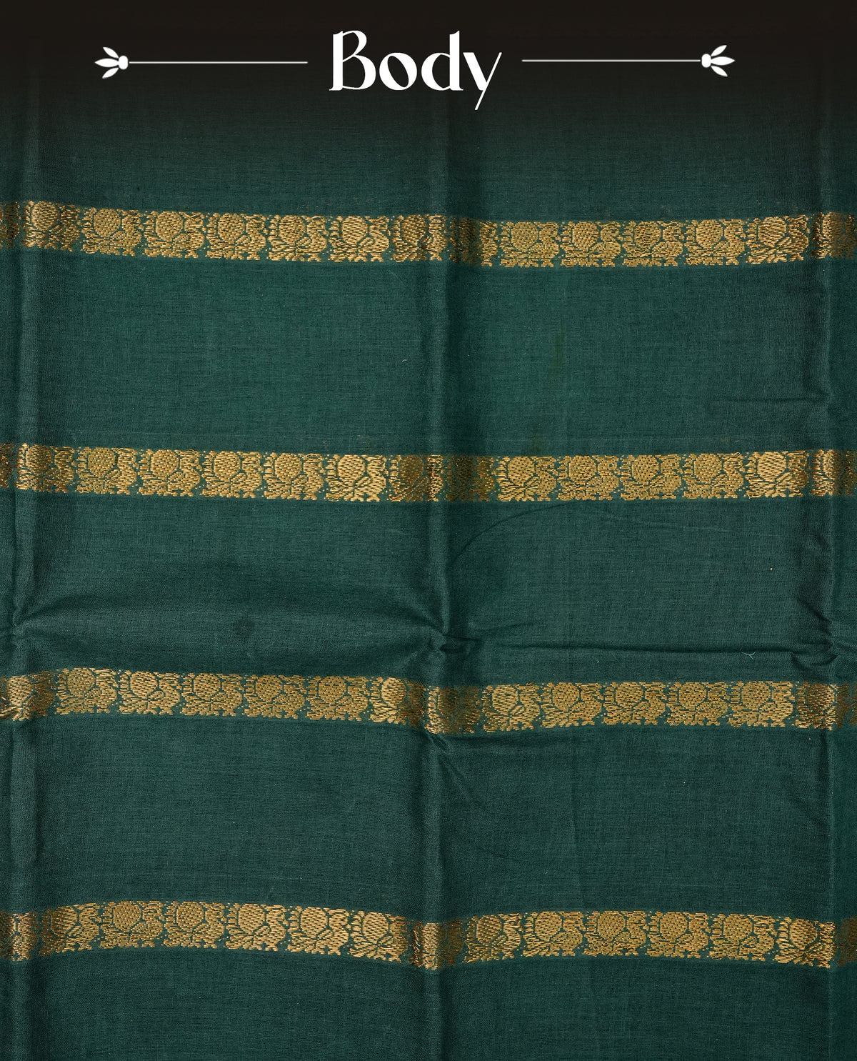 Bottle Green Colour Sungudi Cotton Saree with peacock gold zari stripes on the body, a matching gold zari border, and a striped gold zari pallu. Paired with a contrast Beige blouse piece featuring gold zari work.