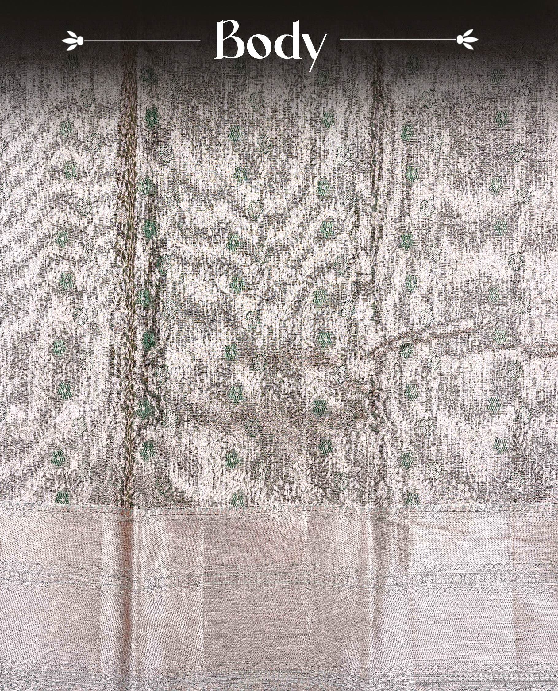 Green & Gold Double shade Semi Tissue Silk saree featuring Light gold Kodi pattern on body, complemented by Contrast Mint with gold zari border, paired with matching blouse piece.