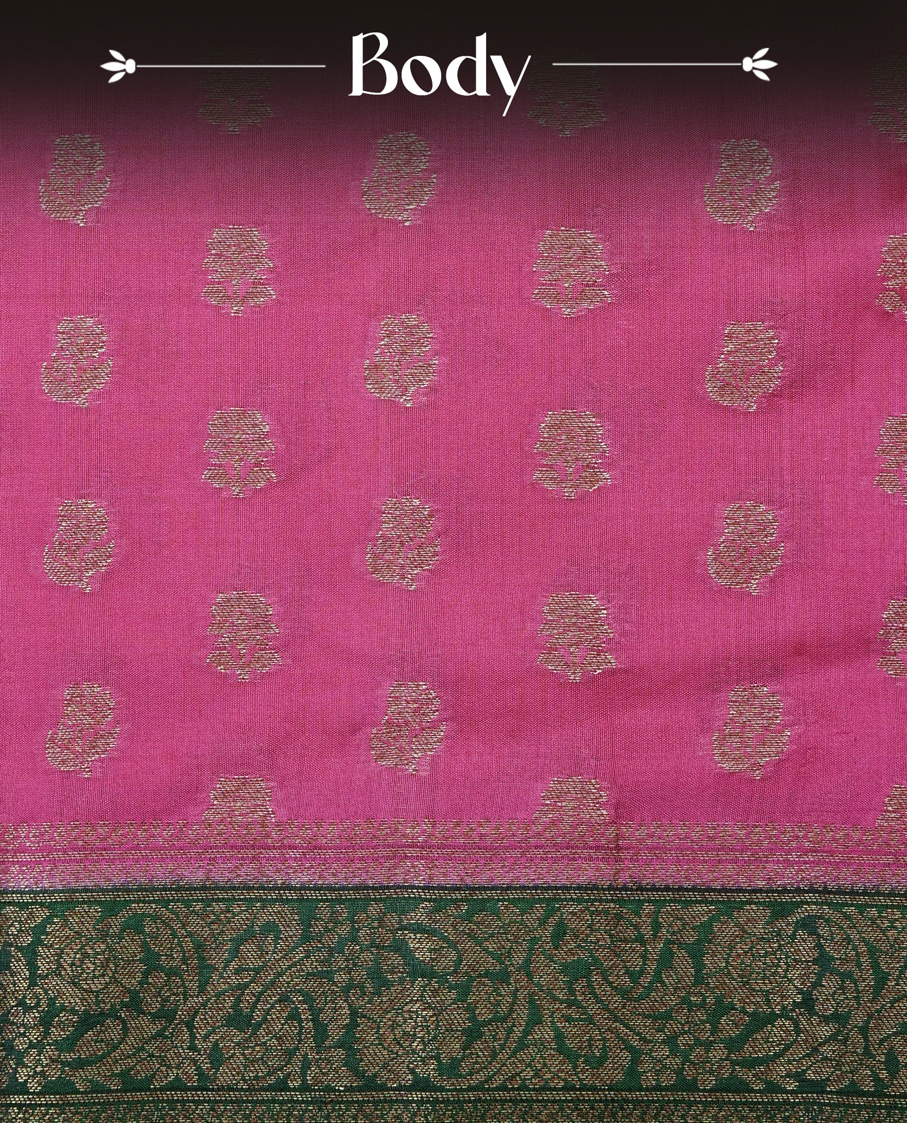 Vibrant pink Colour Tussar silk saree with antique zari buttas On Body, a rich green zari border, an elegant pallu, Paired With a matching blouse piece.