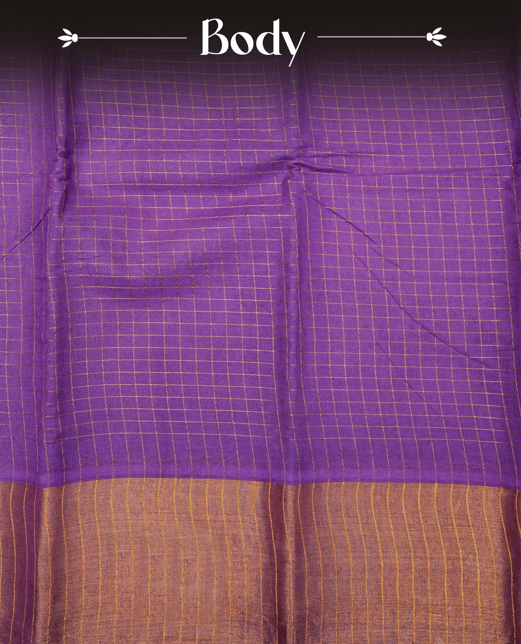 Violet Sungudi cotton saree featuring elegant gold zari checks across the body, complemented by a contrast gold zari border. Comes with a matching blouse piece.