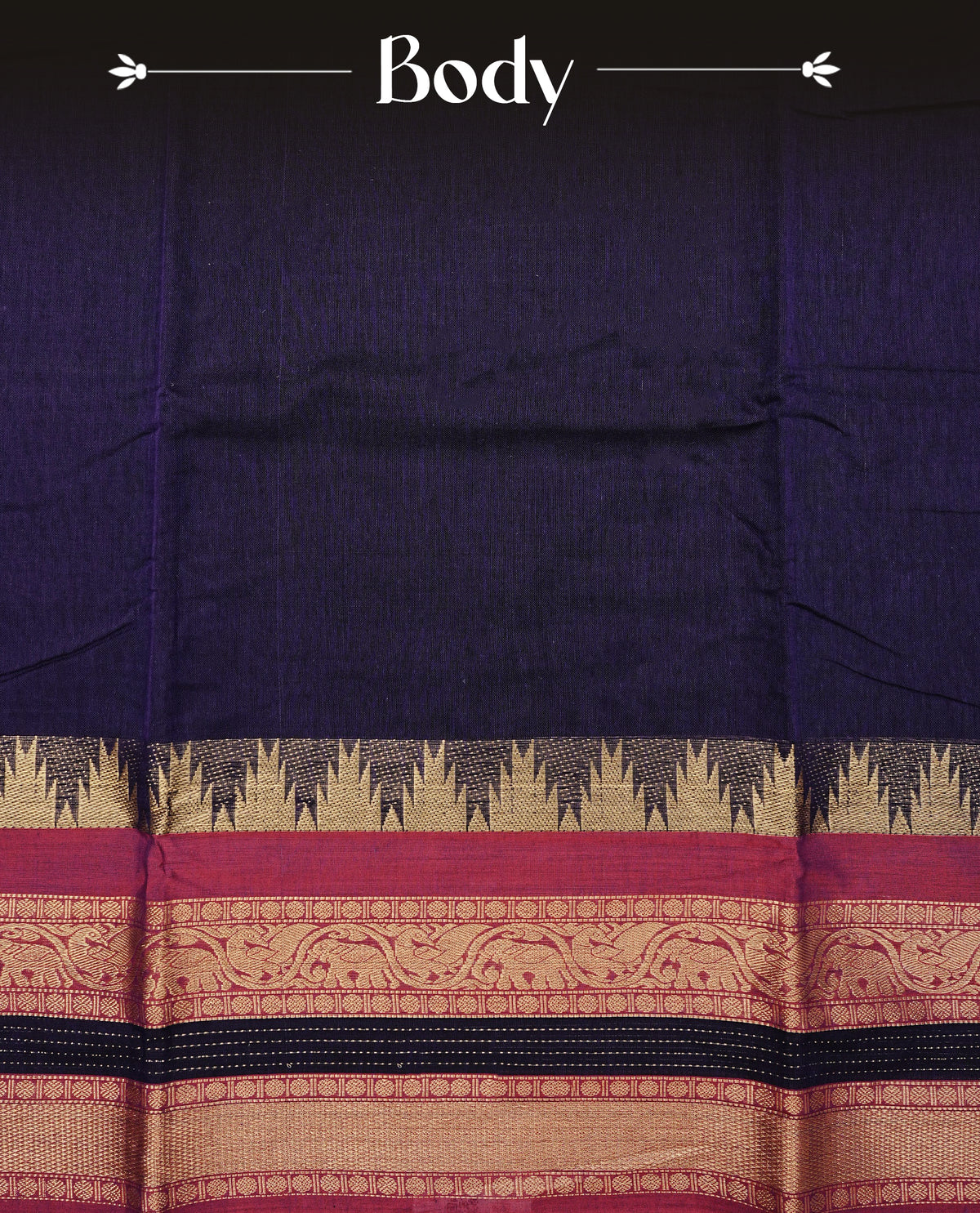 Dark Purple colour Narayanapattu cotton saree with a plain body, complemented by a magenta border featuring gold zari temple and elephant motifs & a contrast pallu, paired with a matching blouse piece.