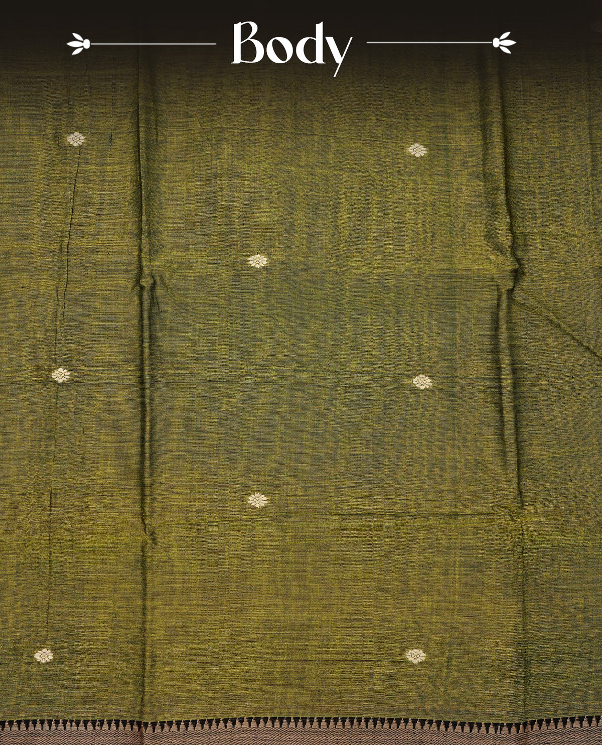 Lime Green colour Narayanapattu Cotton Saree Featuring Cream Colour Buttas on body, grey colour temple designed border, contrast striped pallu, Paired with a matching blouse piece.