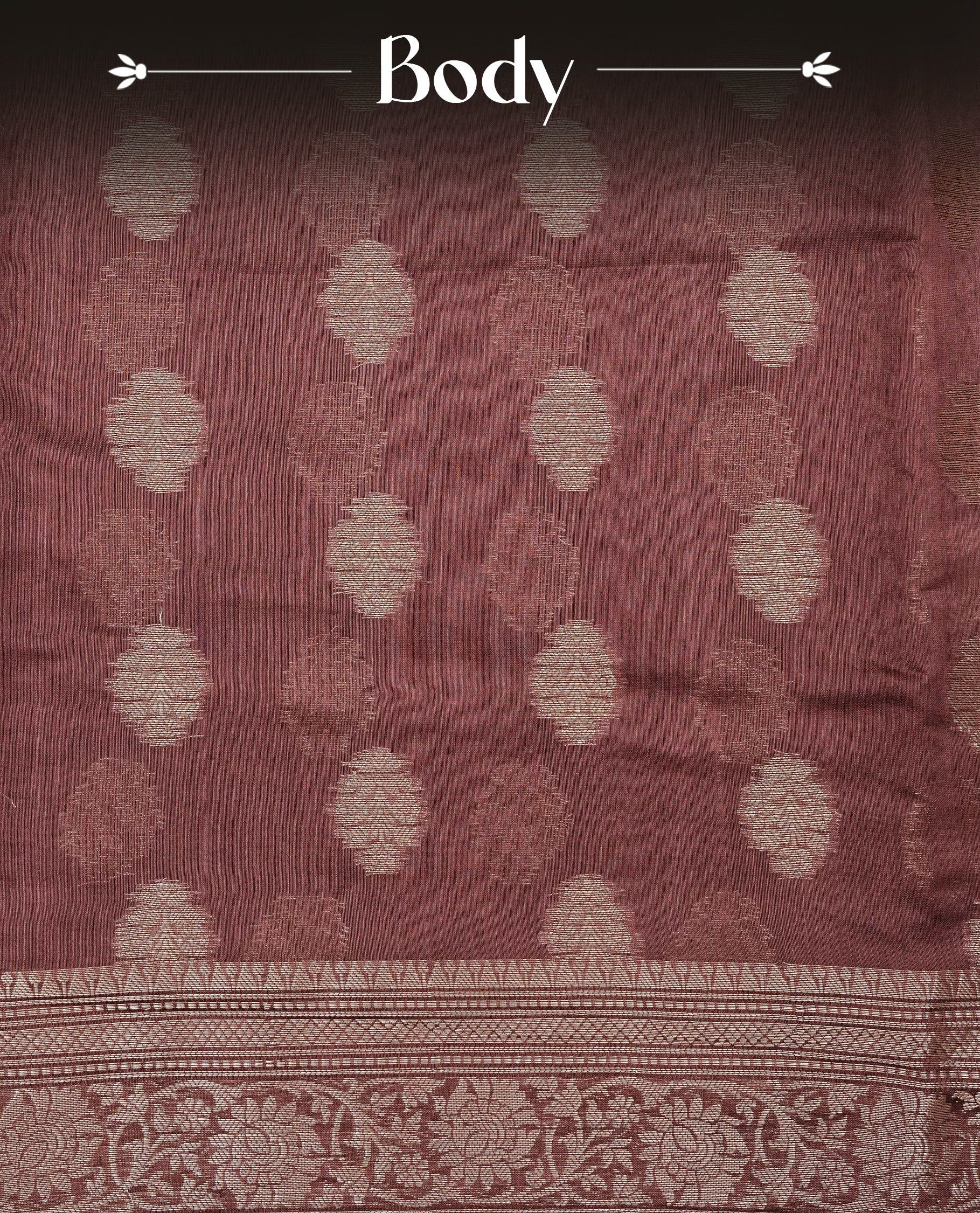 Brown colour Tussar Silk saree featuring elegant antique zari butta motifs on Body , complemented by a self-coloured floral Gold zari border and pallu, paired with a matching blouse piece.