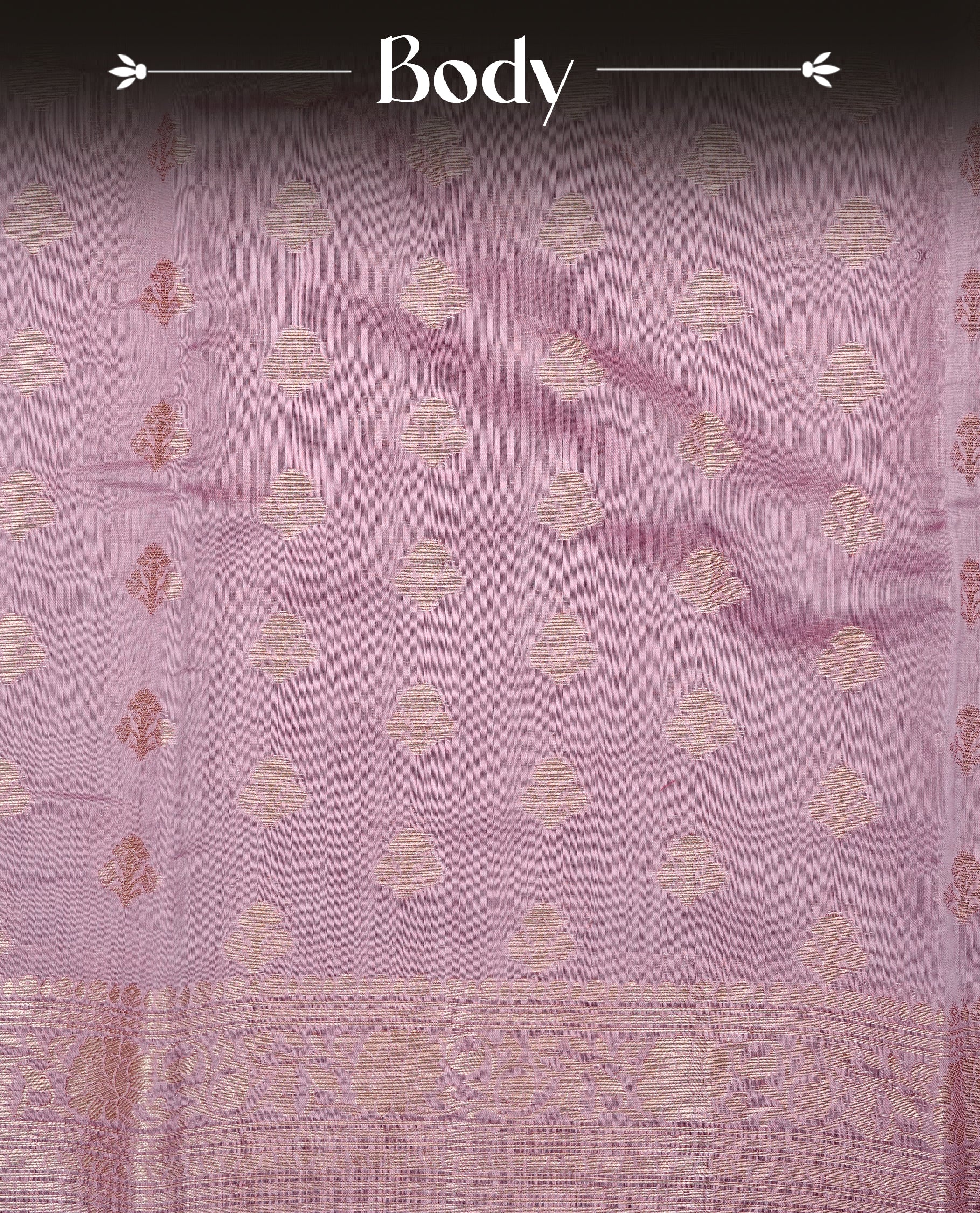 Onion Pink colour Tussar Silk saree featuring antique zari butta motifs on Body , enhanced with a self coloured floral Gold zari border and pallu, paired with a matching blouse piece.