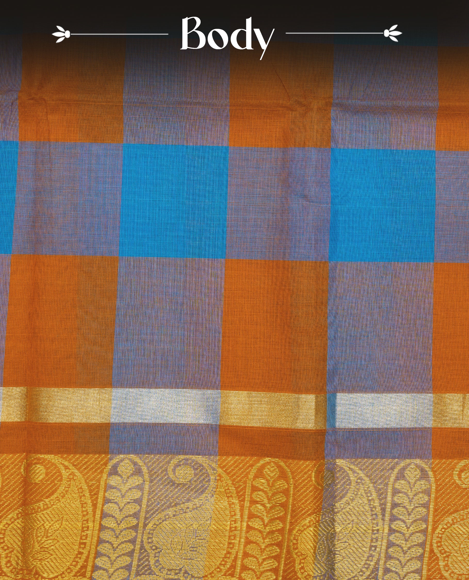 Rust orange & Blue colour Chettinad cotton saree featuring a check pattern on the body, complemented by a self-colour gold zari border, comes with a matching blouse piece