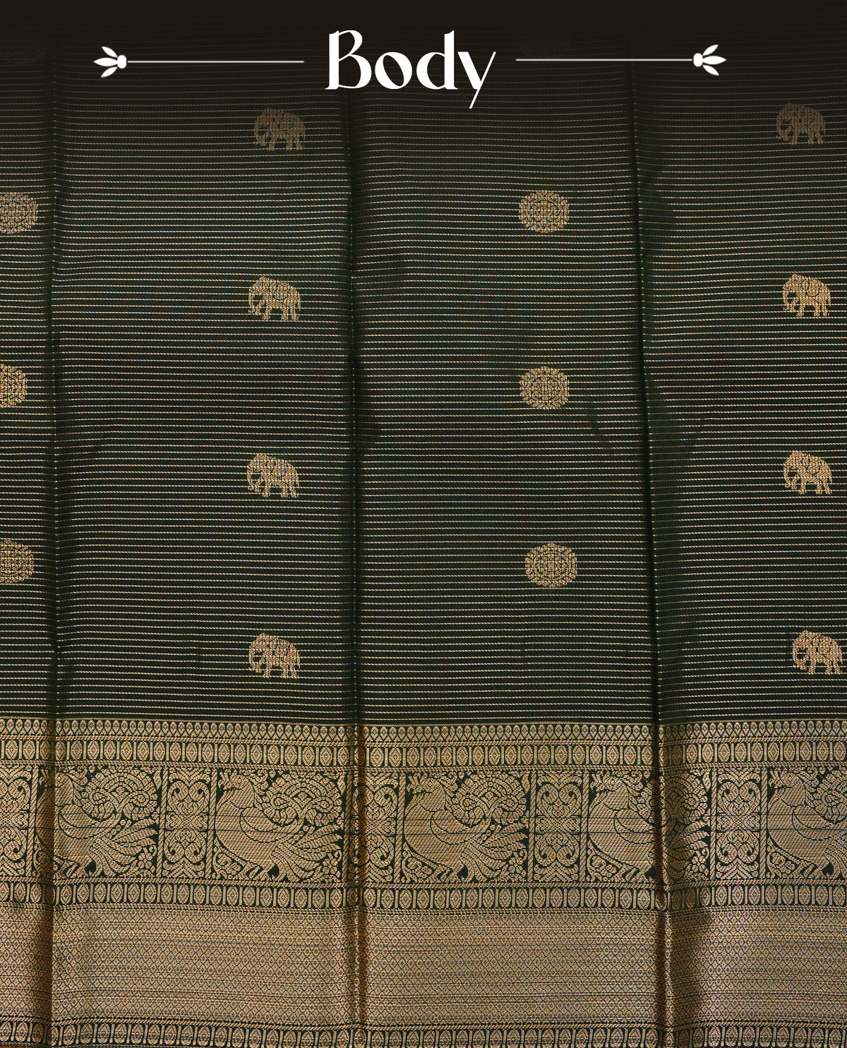 Dark green colour soft silk saree featuring gold zari lines with elephant motifs on body, contrast Mustard yellow colour gold zari peacock motifs on border, grand pallu comes with matching blouse piece.