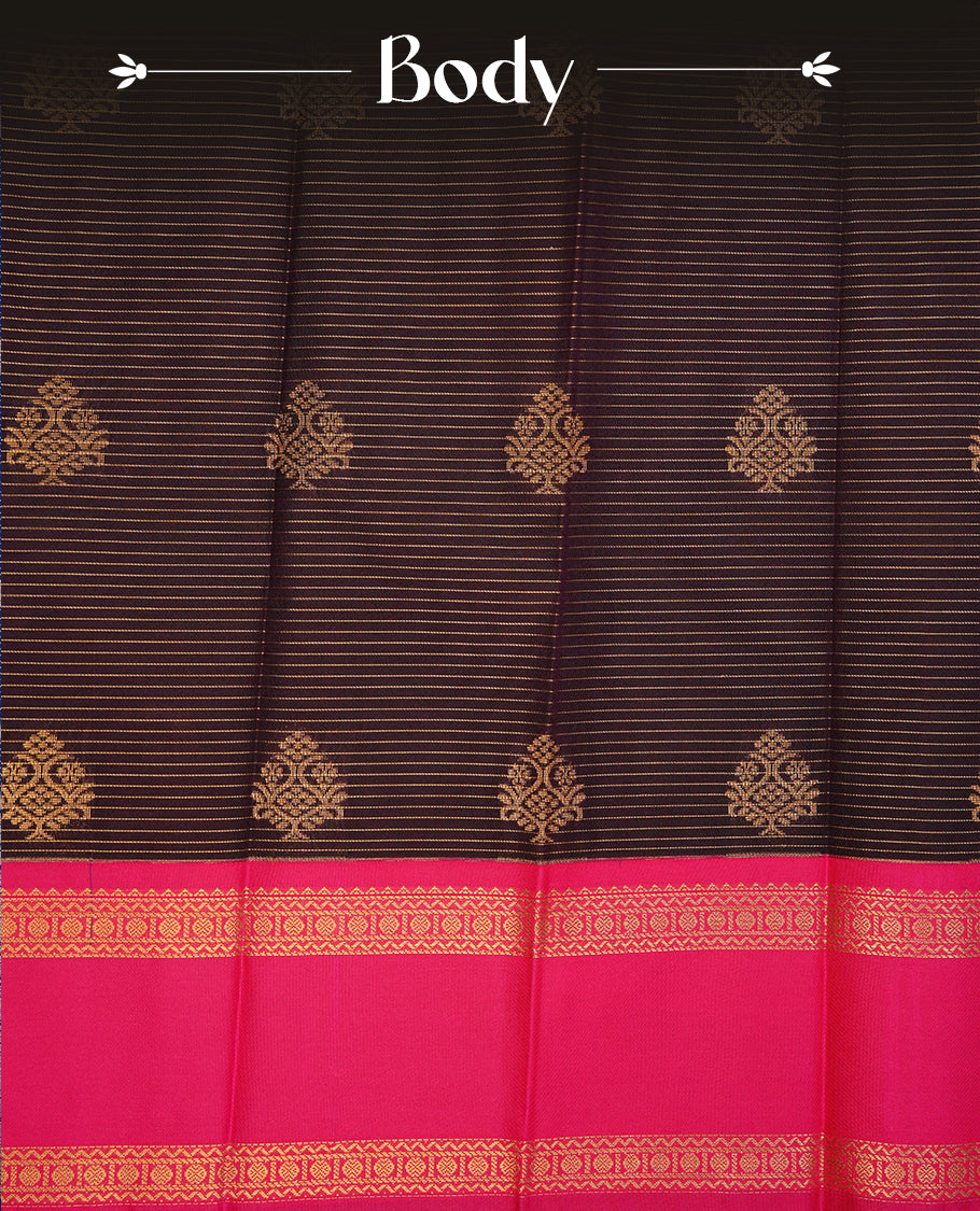 Deep purple coloured soft silk saree featuring gold zari stripes and motifs across the body, enhanced with a contrast Magenta border and pallu, paired with a matching contrast blouse piece.