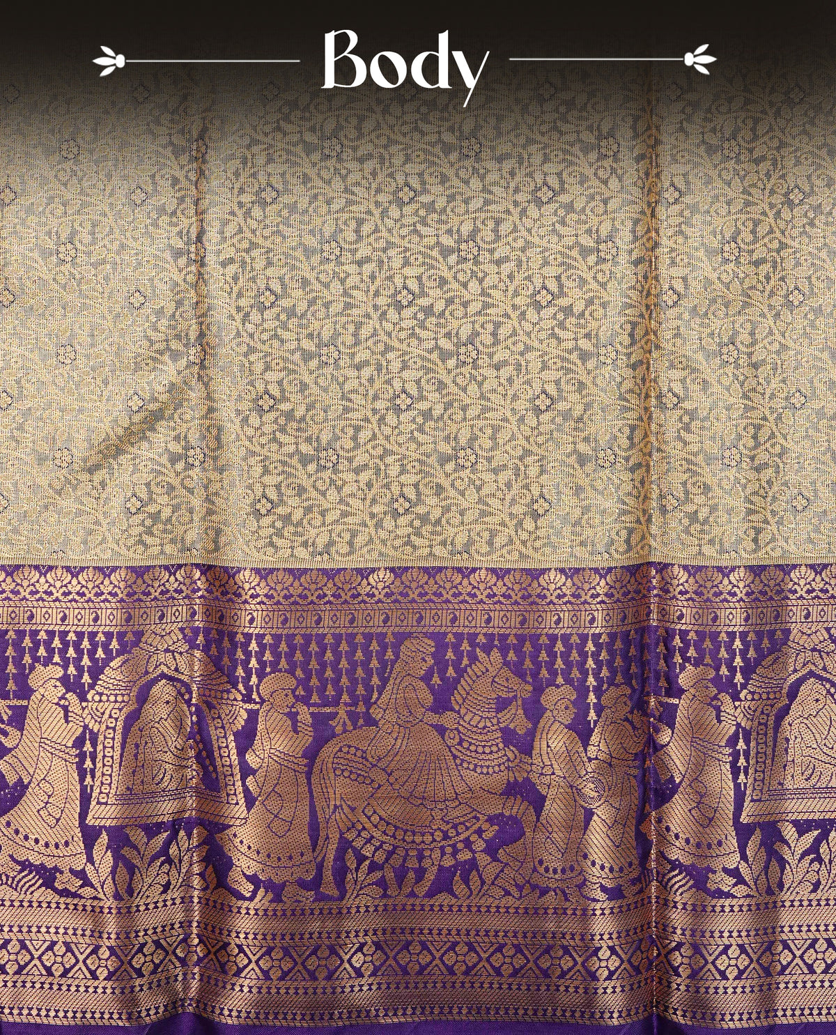 Blue colour Semi Tissue Silk Saree featuring gold zari floral kodi Works on the body, complemented by an intricately woven gold zari pallu, a rich Deep Purple border with traditional gold zari work and paired with a matching plain blouse piece.