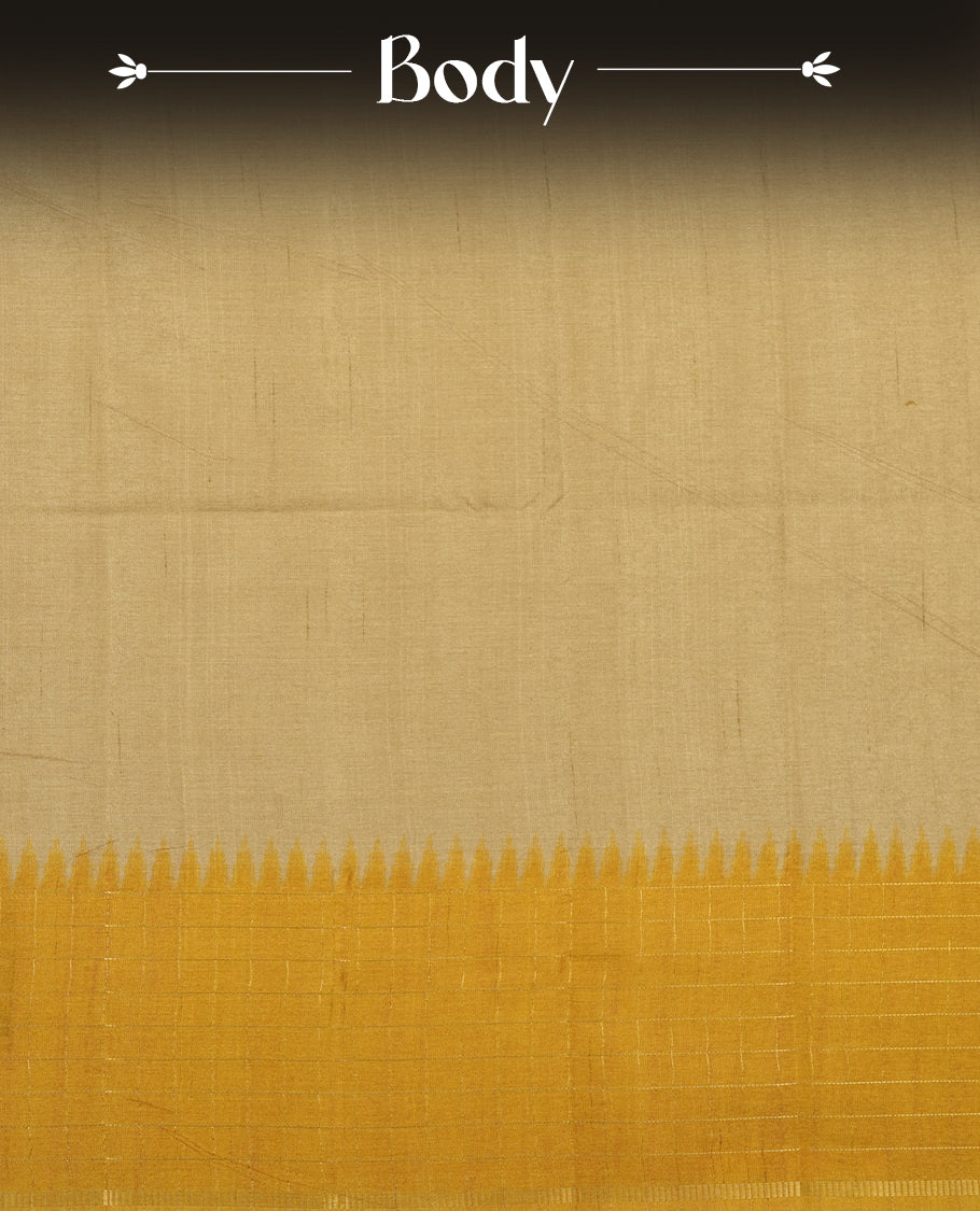 Beige colour semi tussar saree highlighting elegant plain body, contrast yellow colour border with gold zari box pattern, pallu and comes with matching blouse piece.