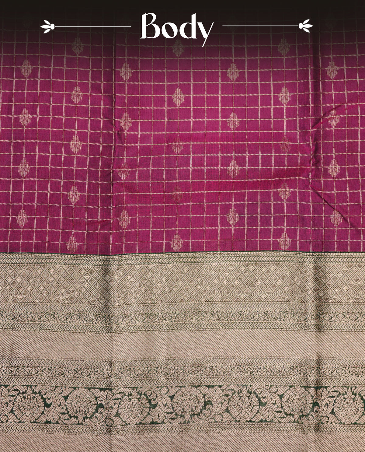 Magenta Colour Traditional Kancheepuram Silk Saree with Gold Zari Checks and Floral Buttas on the Body, Enhanced with a Contrast Green Colour with Grand Gold Zari Border and Rich Pallu, Paired with a Matching Blouse Piece.
