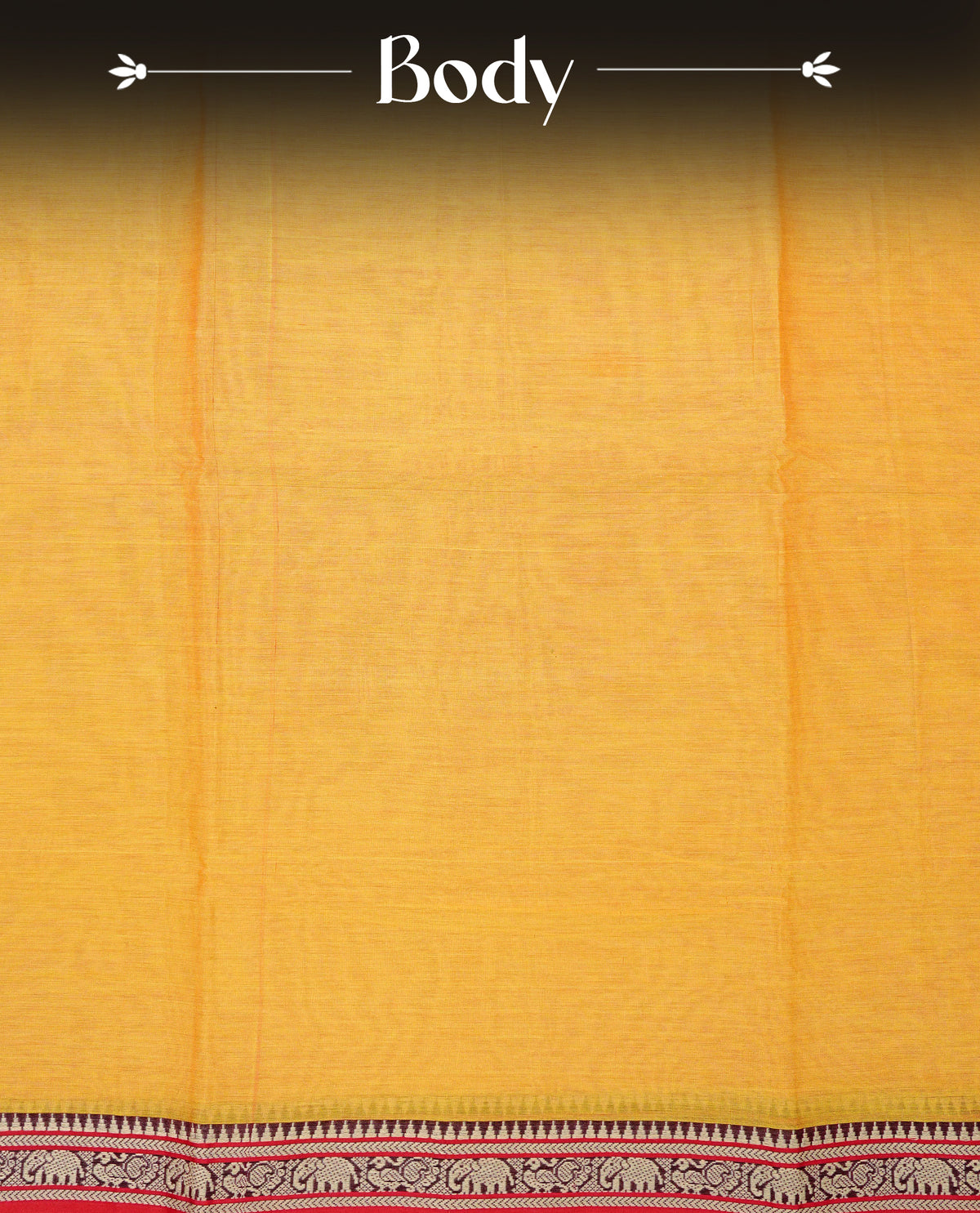Yellow colour Narayanapattu cotton saree with a plain body, complemented by a red colour border featuring beige peacock and elephant motifs & a contrast pallu, paired with a matching blouse piece.