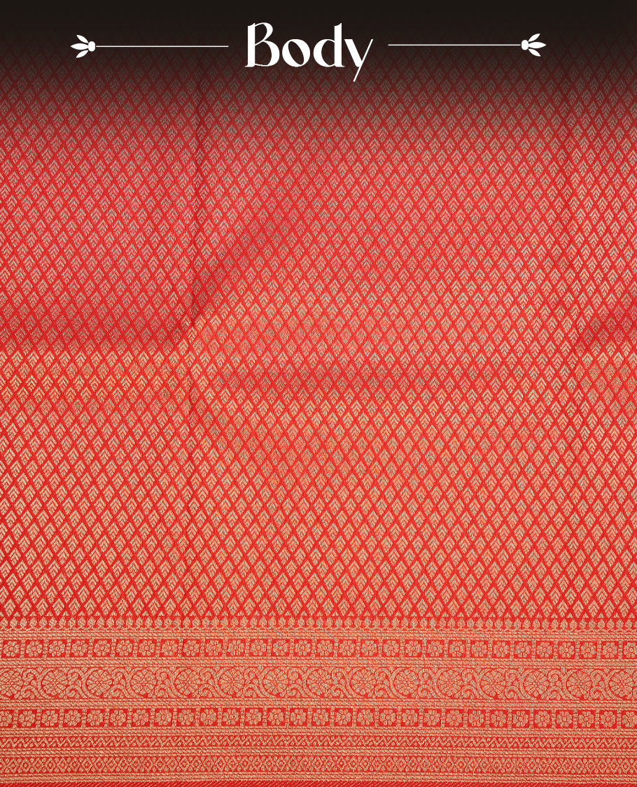 Red colour soft silk saree featuring gold zari pattern on body, complemented by self colour with traditional border, paired with matching blouse piece.
