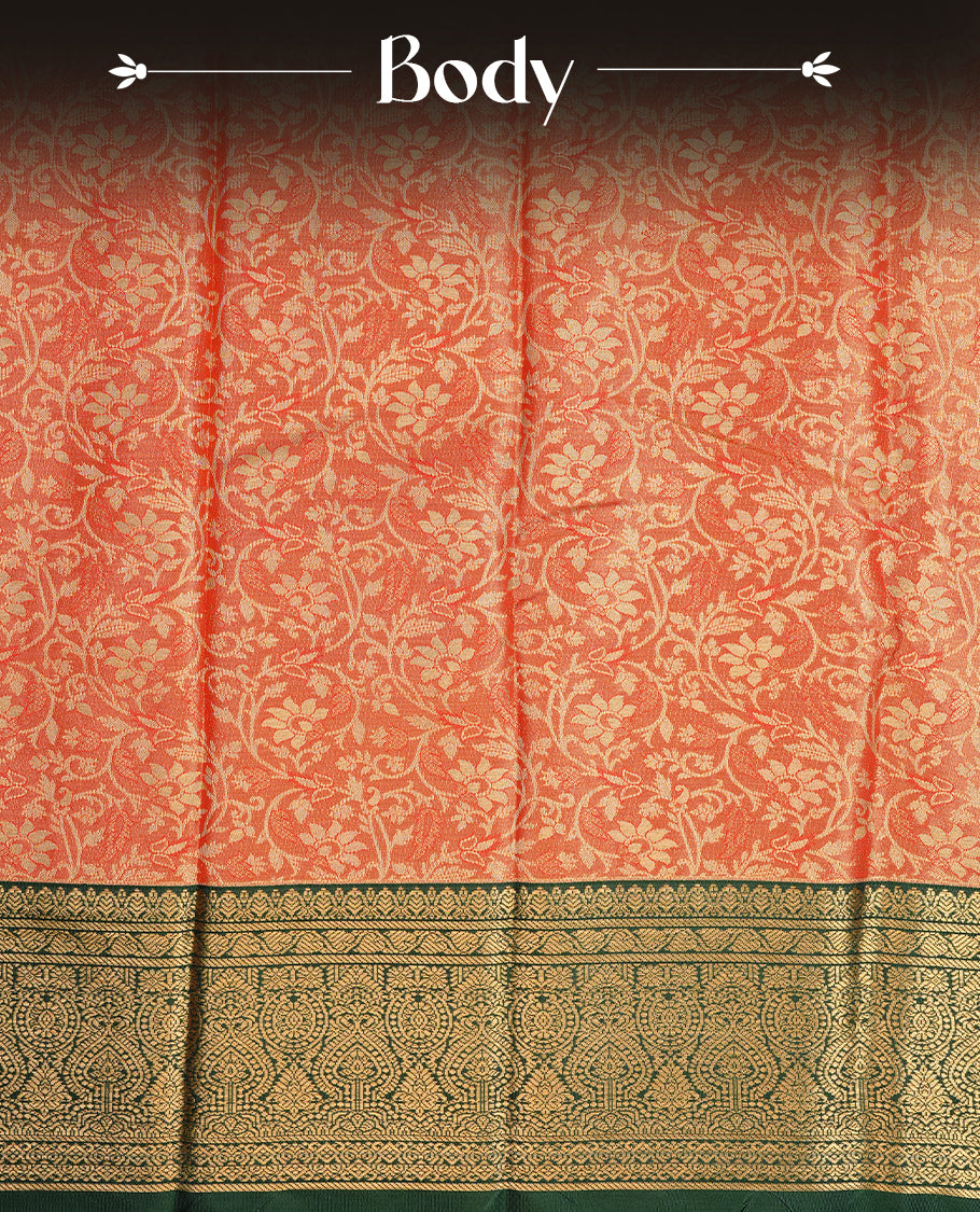 Red & gold double shade colour semi tissue silk saree featuring gold zari floral kodi pattern on body, contrast Green colour with gold zari traditional border, paired with matching blouse piece.