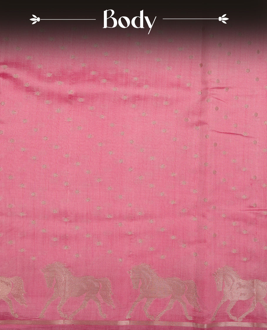Pastal Pink colour banaras soft silk saree featuring silver zari dotted stripes on body, self colour border with silver horse pattern, pallu and paired with matching blouse.