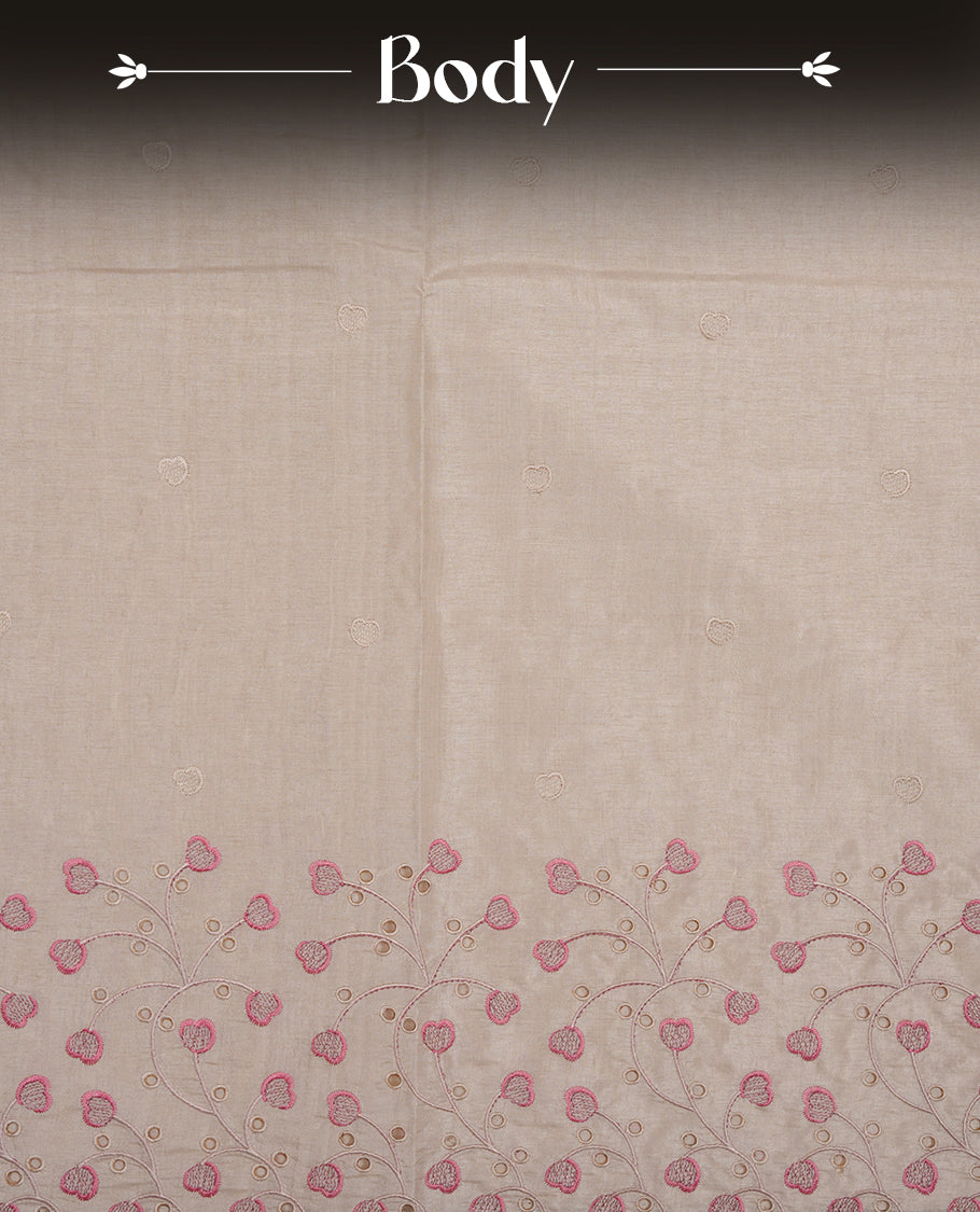 Beige colour Tussar silk saree featuring Elegant plain body, highlighting Mauve colour thread floral kodi worked scalp border, pallu and paired with matching blouse piece.
