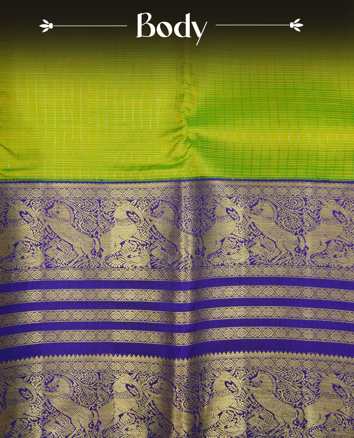 Lemon green colour Traditional Kancheepuram silk saree featuring Gold zari Delicate thin strips on body, complemented by contrast violet colour with traditional border, comes with matching blouse piece.