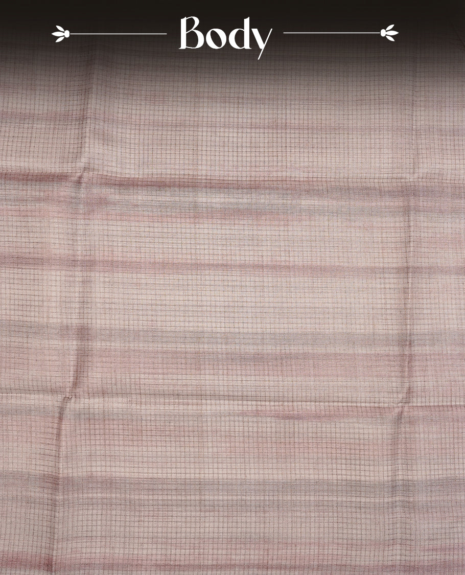 Blue grey colour semi tussar silk saree featuring floral print across body, contrast dark blue colour border and pallu, paired with matching blouse piece.