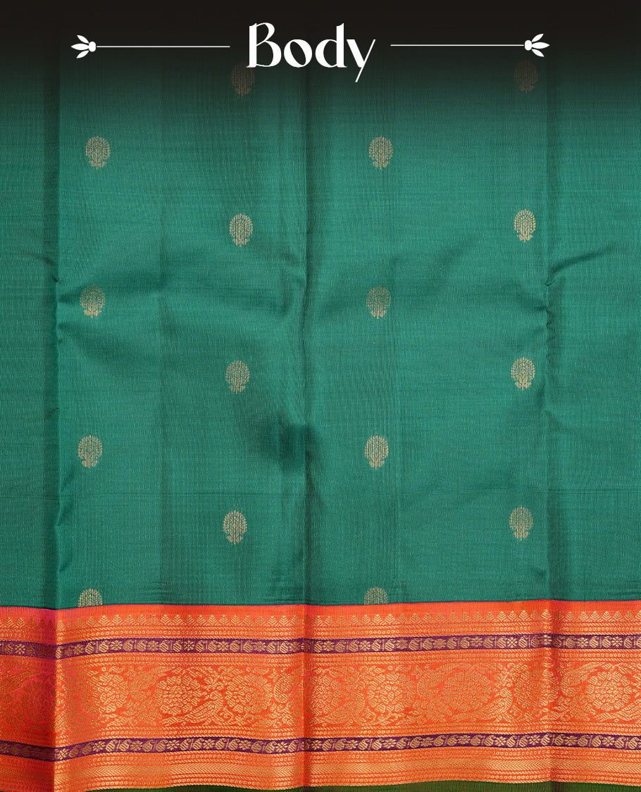 Peacock green colour traditional kancheepuram silk saree featuring gold zari motifs on body, complemented by contrast orange & purple colour with gold zari traditional border, paired with matching blouse piece.