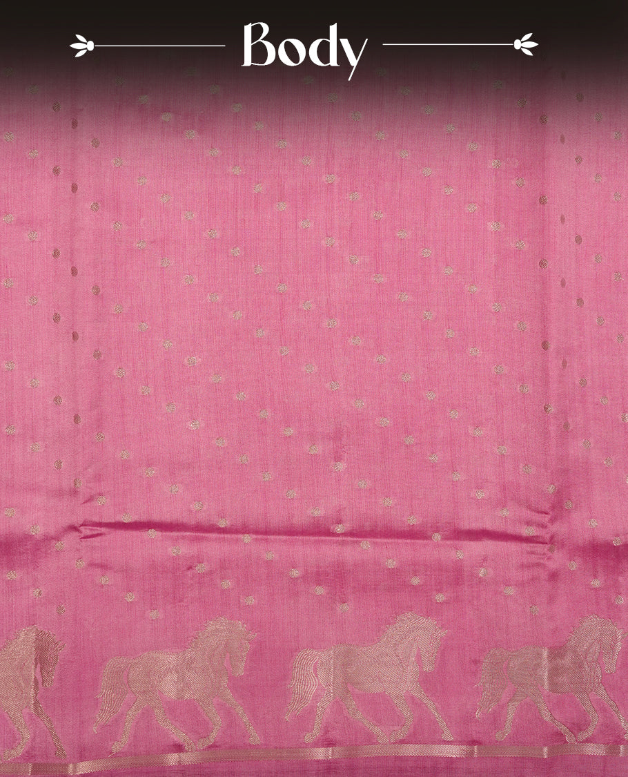 Pastal Purple colour banaras soft silk saree featuring silver zari dotted stripes on body, self colour border with silver horse pattern, pallu and paired with matching blouse.