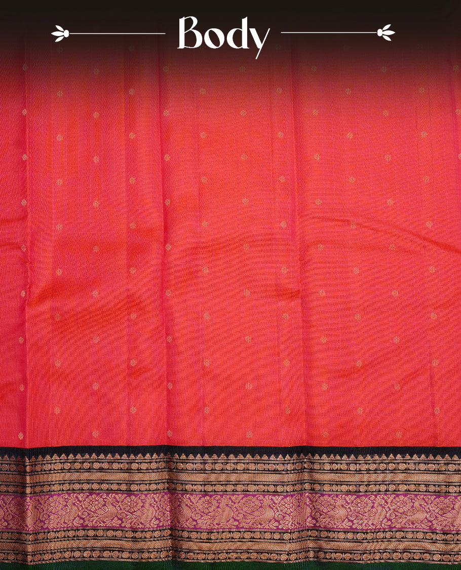 Reddish orange colour traditional kancheepuram silk saree featuring gold zari check pattern on body, complemented by contrast multicolour with gold zari traditional border, paired with matching blouse piece.