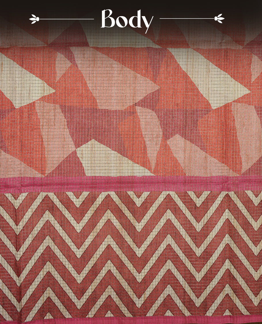 Pink colour semi tussar silk saree featuring zigzag print and zari check pattern across body, self colour border with geometric pattern and pallu, paired with matching blouse piece.