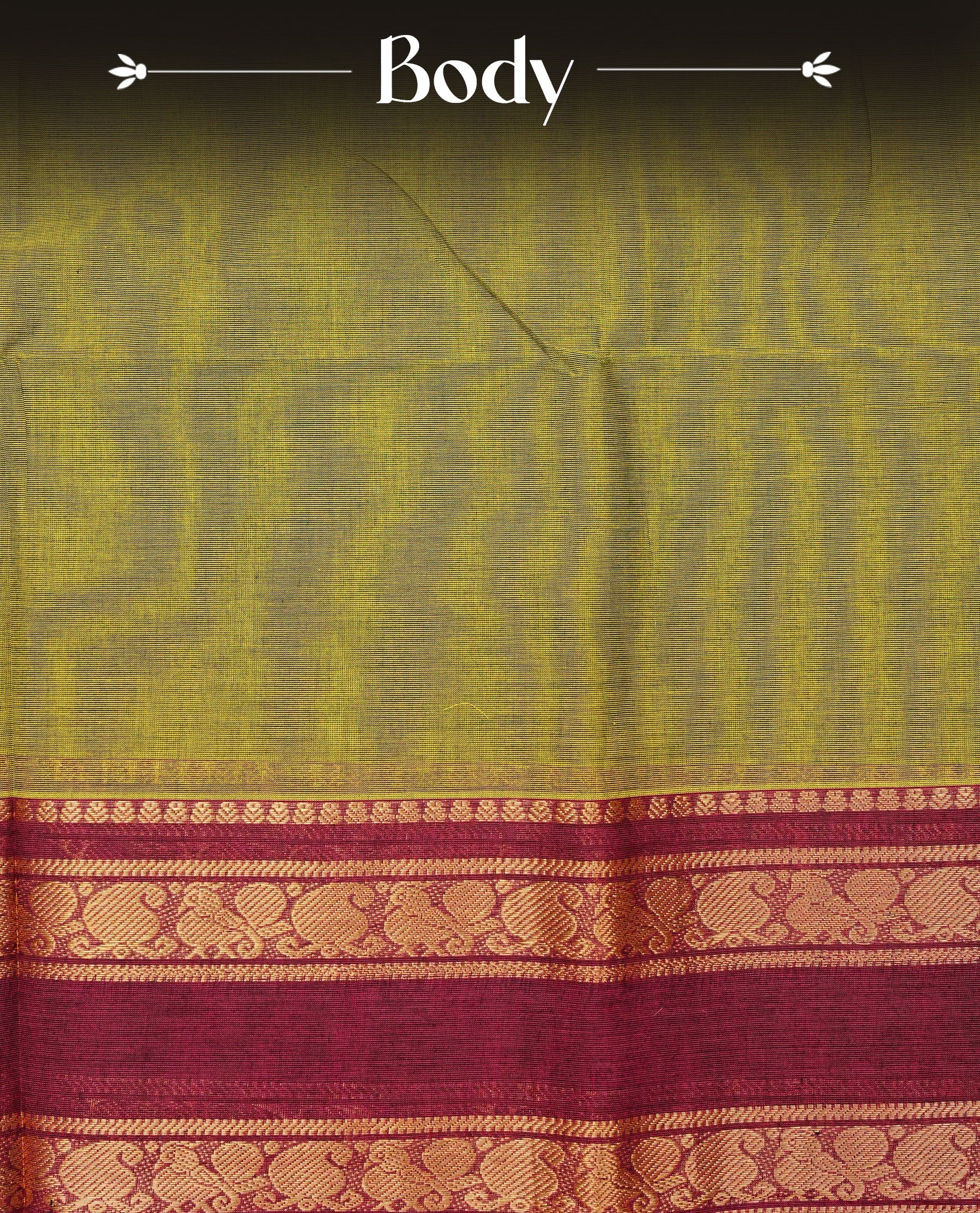 Olive green colour chettinad cotton saree featuring elegant plain body, Contrast magenta colour with Gold zari border, comes with matching blouse piece.