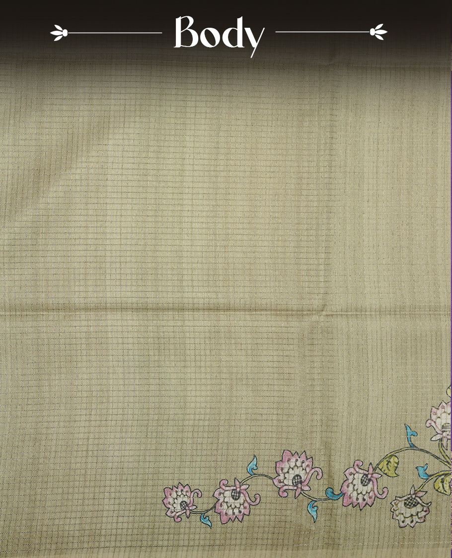 Olive Green colour semi tussar silk saree, featuring an intricate multicolour peacock motif on the pallu, a subtle self-textured plain body, and a floral-printed matching blouse.