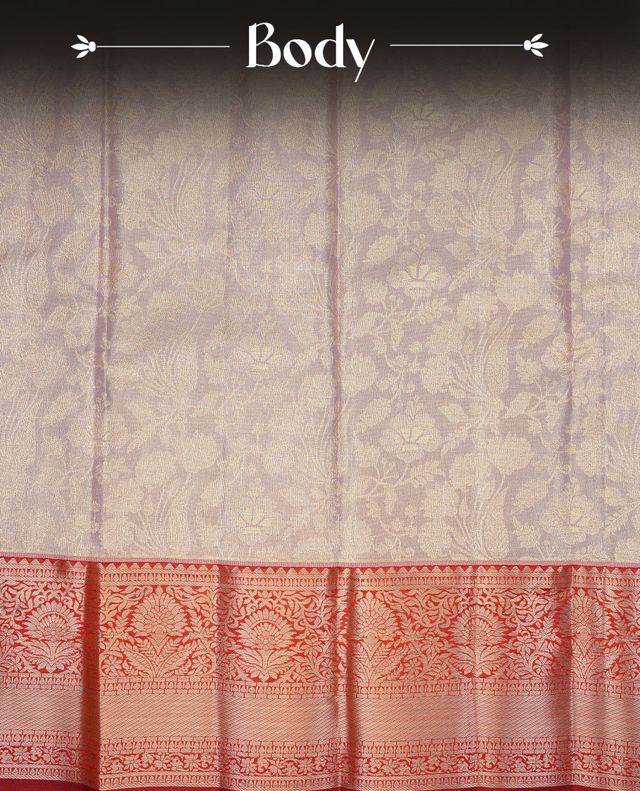 Lavender & gold double shade colour semi tissue silk saree featuring gold zari floral kodi pattern on body, contrast Maroon colour with gold zari traditional border, paired with matching blouse piece.