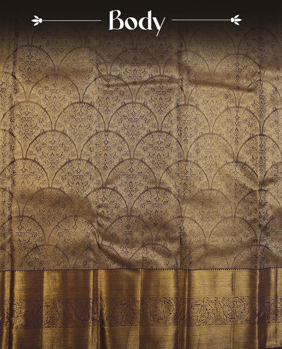 Purple & gold double shade colour kancheepuram tissue silk saree highlighting kodi gold zari pattern body, with contrast Purple colour colour with traditional border and paired with matching blouse.