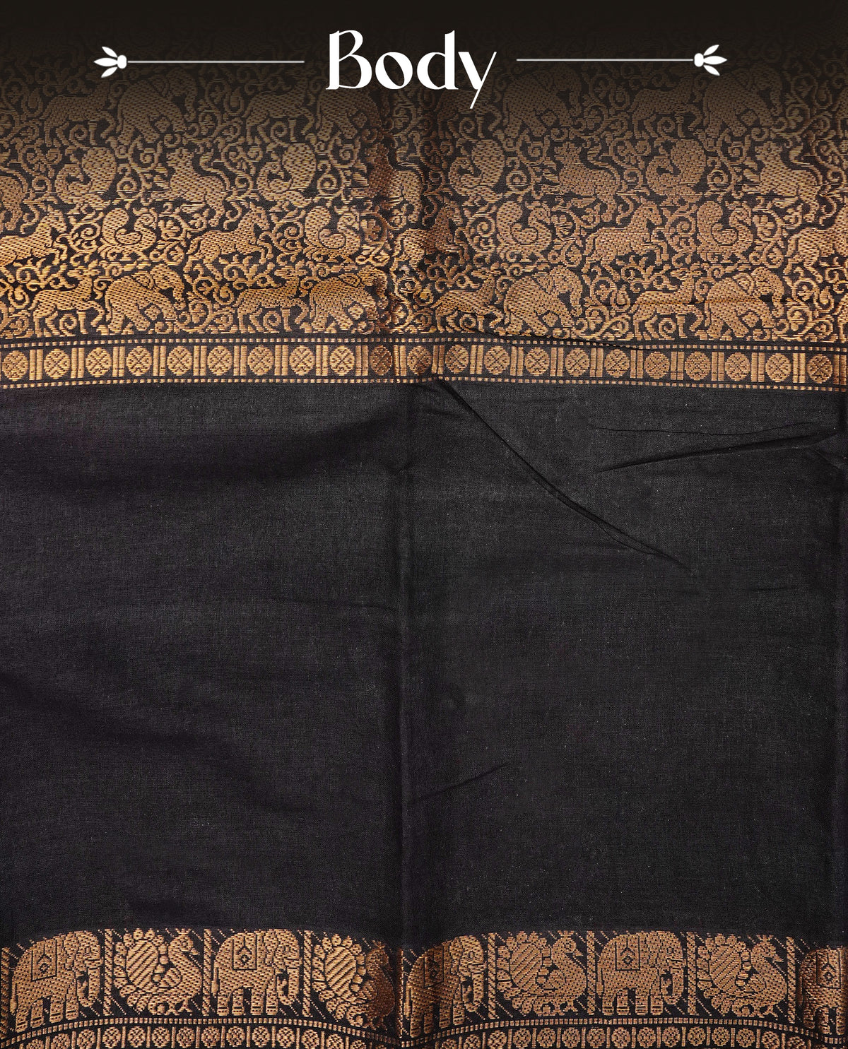 Chococate Brown Colour Sungudi Cotton Saree with gold zari elephant & Peacock motifs on the body, a self zari border, and a rich gold zari pallu. Paired with a Contrast Mustard orange blouse piece featuring gold zari work.