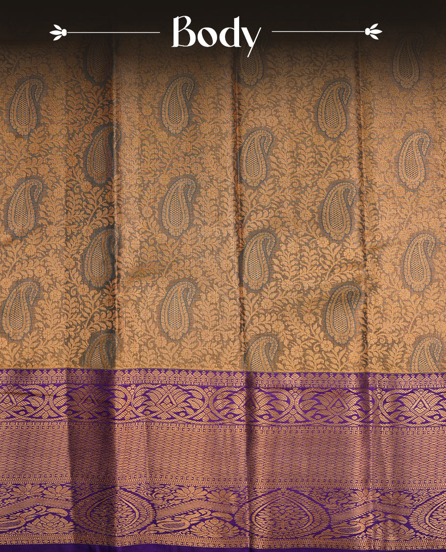 Blue & gold double shade colour semi tissue silk saree featuring gold zari floral kodi pattern on body, contrast indigo colour with gold zari traditional border, paired with matching blouse piece.