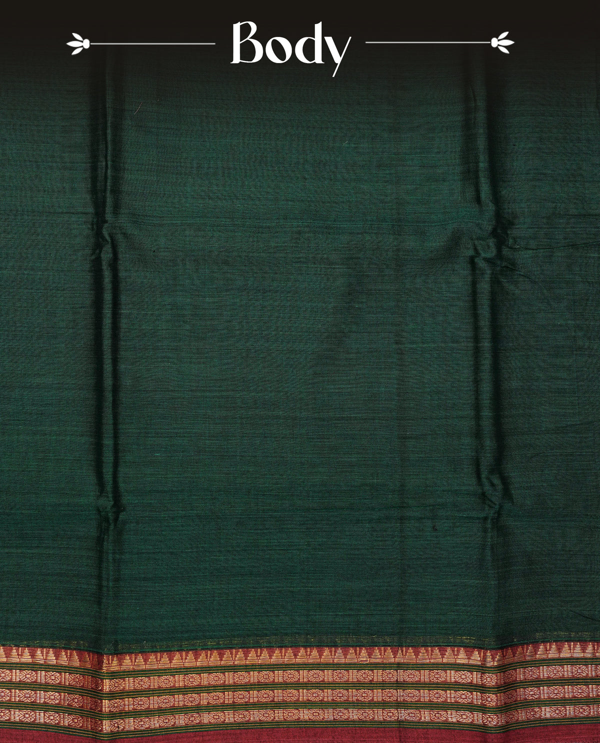 Bottle green colour Narayanapattu cotton saree with a plain body, complemented by a Dark red colour with Gold Zari border & contrast pallu, paired with a matching blouse piece
