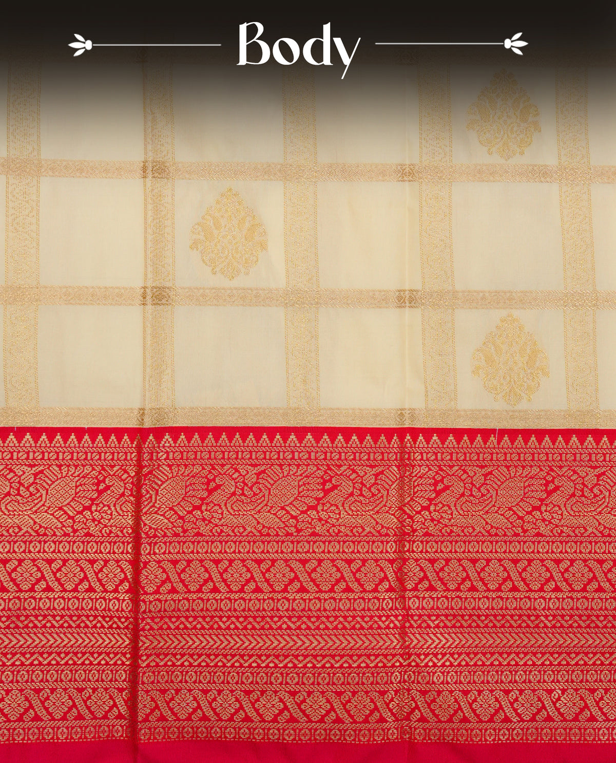 Cream colour soft silk saree featuring gold zari checks with floral mottifs on body, contrast reddish pink colour gold zari pecock traditional border, grand pallu comes with matching blouse piece.