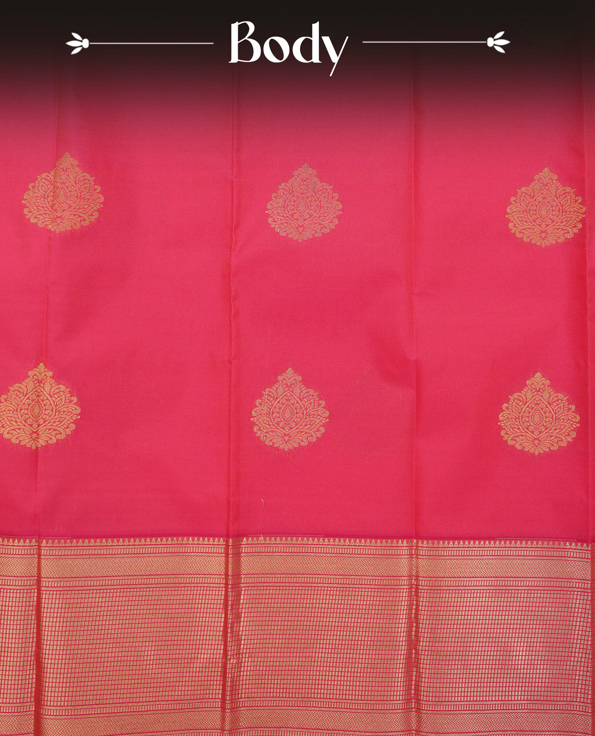 Pink colour soft silk saree featuring gold zari motifs on body, contrast self colour gold zari checkerd border, grand pallu comes with matching blouse piece.