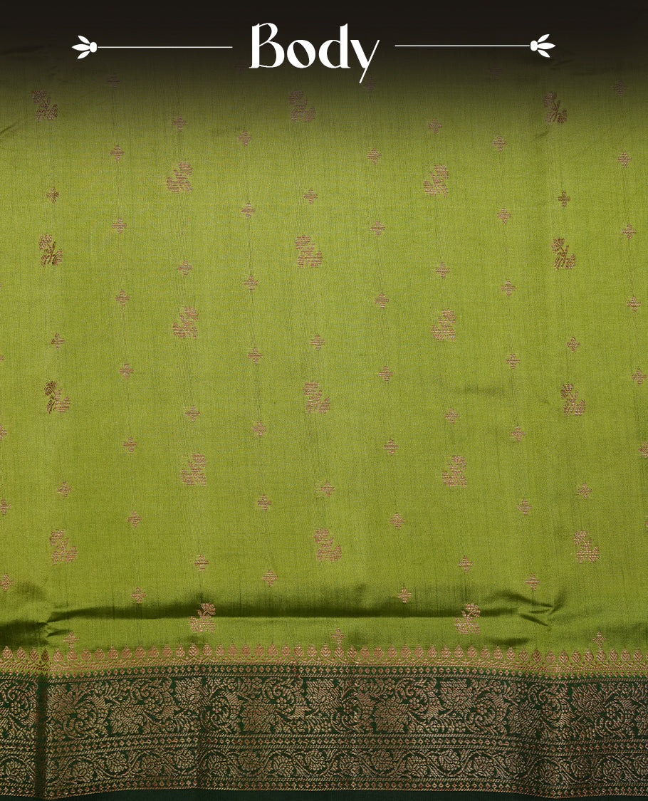 Green colour Pure banaras soft silk saree featuring Antique zari motifs on body, contrast Dark green colour border , traditional pallu and paired with matching blouse