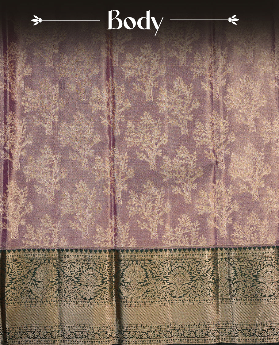 Purple & gold double shade colour semi tissue silk saree featuring gold zari tree pattern on body, contrast Green colour with gold zari traditional border, paired with matching blouse piece.